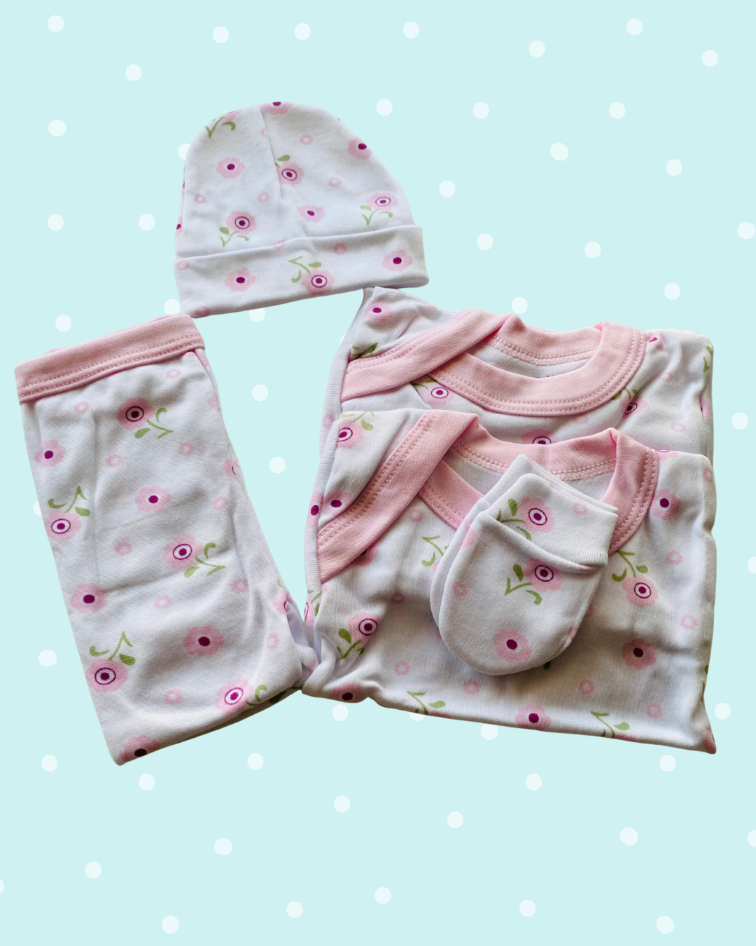Ajuar recién nacido 5 piezas - Niña Floreado Rosa