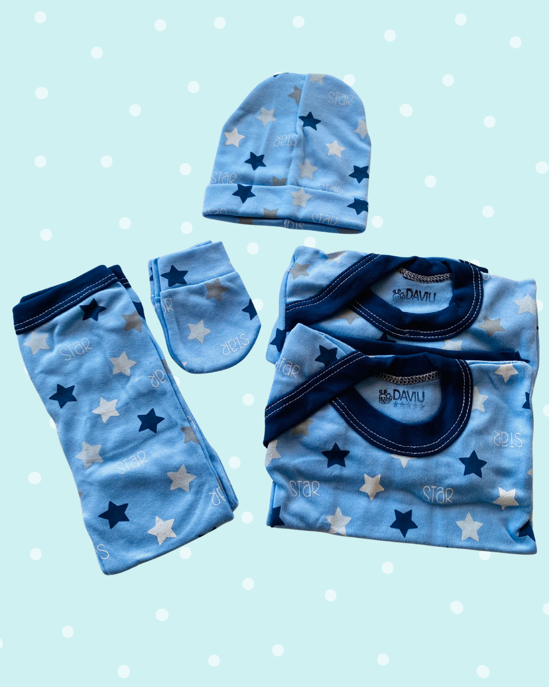 Ajuar recién nacido 5 piezas - Niño Azul y Estrellas